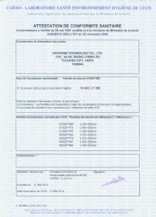 03/06/2013 Notificação de Certificação ACS (Attestation De Conformite Sanitaire)