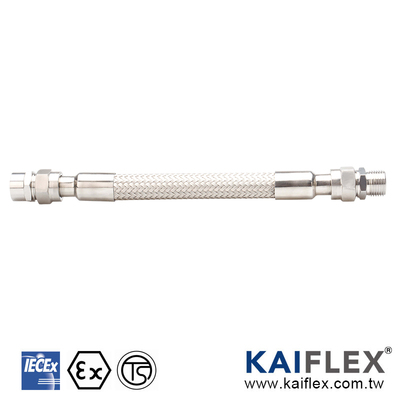 สายยางกันระเบิด (KF-EXE-F/M) ATEX/IECEx ที่มีความปลอดภัยสูงขึ้น ปลายด้านหนึ่งเป็นเกลียวภายในและอีกด้านเป็นเกลียวภายนอก ขนาด 3/8"~4"